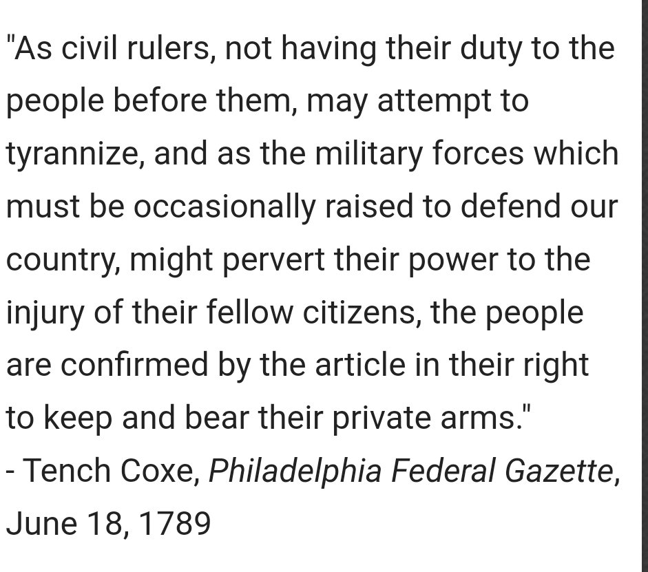 2A History (@2ahistory) on Twitter photo <a href="/EveryF_ingTime/">The Armchair WhoDat</a> <a href="/gilfees/">James Gilfees👊🏼 🇺🇸</a> <a href="/Sitt_Thomas/">Thomas Sittner</a> <a href="/eladrin22/">eladrin2</a> <a href="/apinionsvary/">Apinions Vary</a> <a href="/BrianKarem/">Brian J. Karem</a> <a href="/BasedDitka/">BasedDitka</a> Nobody talked about 2A only being about states arming militias until the 20th century.
That silly idea didn't exist for first 100+ years. It wasn't even common in the 20th century until the latter half.
It was always an individual Right.
".. keep and bear their private arms" <a href="/EveryF_ingTime/">The Armchair WhoDat</a> <a href="/gilfees/">James Gilfees👊🏼 🇺🇸</a> <a href="/Sitt_Thomas/">Thomas Sittner</a> <a href="/eladrin22/">eladrin2</a> <a href="/apinionsvary/">Apinions Vary</a> <a href="/BrianKarem/">Brian J. Karem</a> <a href="/BasedDitka/">BasedDitka</a> Nobody talked about 2A only being about states arming militias until the 20th century.
That silly idea didn't exist for first 100+ years. It wasn't even common in the 20th century until the latter half.
It was always an individual Right.
".. keep and bear their private arms"