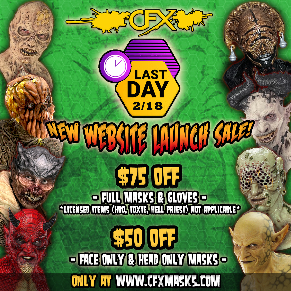 ⏳ LAST CHANCE! The CFX Website Launch Sale Ends TODAY at 6pm! ⏳
🔥 $75 OFF Full Silicone Masks &amp; Silicone Gloves
💀 $50 OFF Face Only &amp; Head Only Masks
Discount is automatically applied in the cart! Shop now at smpl.is/a2jer
