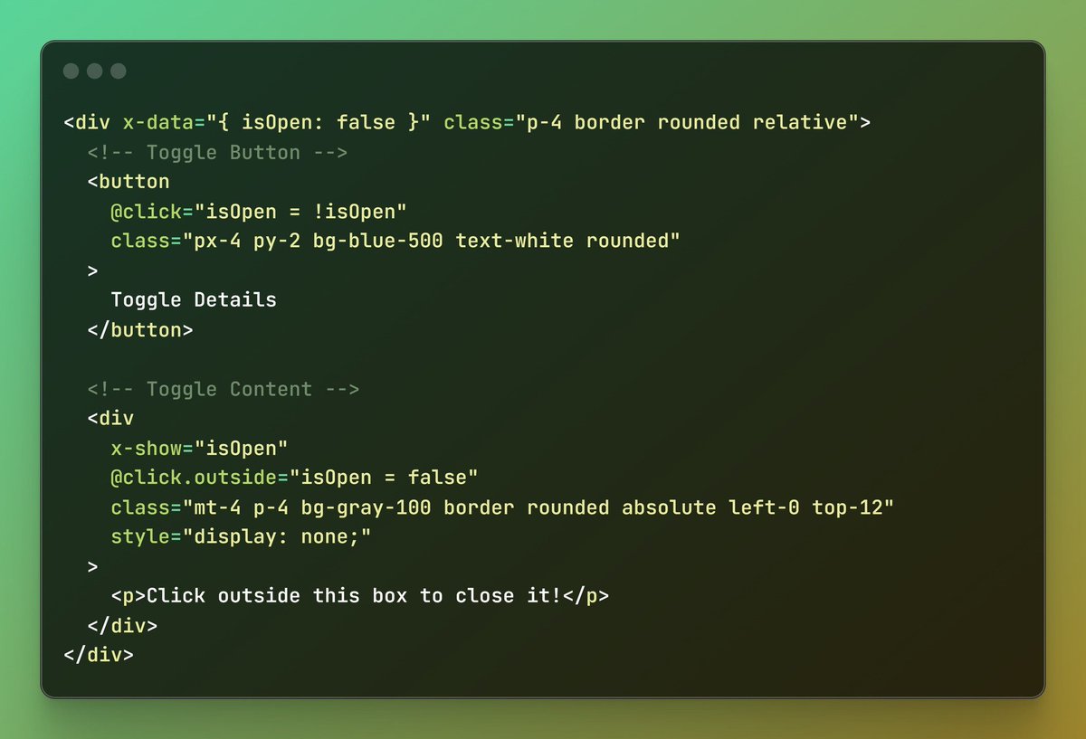 ScriptBinary's tweet image. Alpine.js: Add Click Toggles in Seconds✨
📌Alpine.js makes toggling elements with a click and handling outside clicks effortless.
📌Use the x-data directive to manage state.
📌Combine x-show, `@click`, and `@click.outside` for powerful toggles.
#WebDevelopment #JavaScript