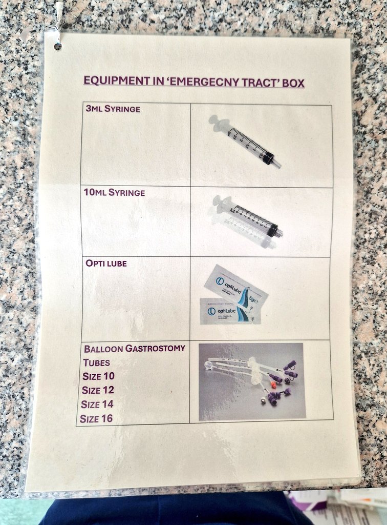*Emergency Tract Box*
On C3 we have developed an emergency box for the management and care of balloon gastrostomy tubes and PEGs.

The box contains all the equipment needed and clear guidance for 
1. Tube replacements
2. Daily care
3. Balloon water check
4. If a tube is dislodged