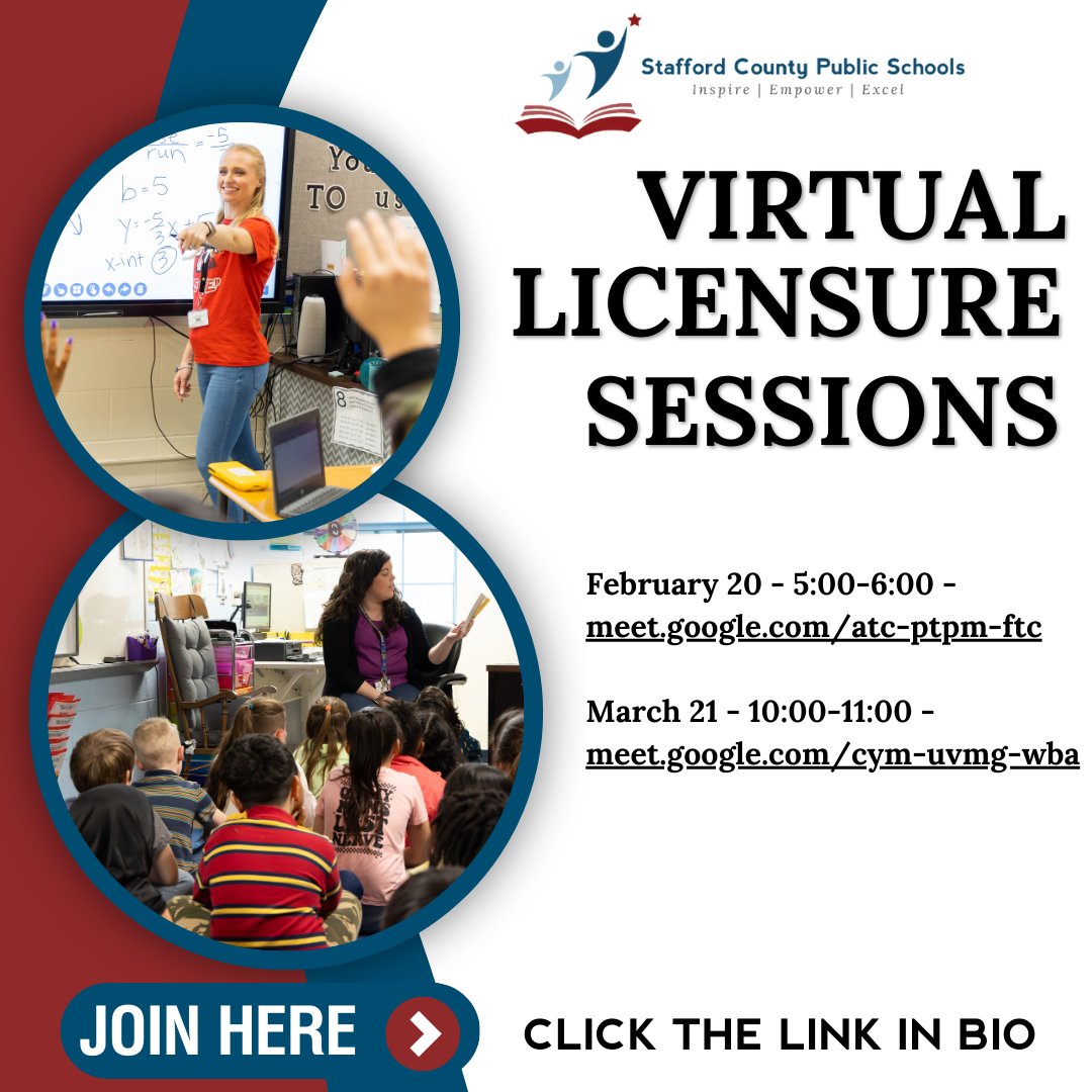 SCPS_HR's tweet image. 🗓 Date: February 20th
🕒 Time: 5:00 pm - 6:00pm EST
💻 Platform: Google Meet
🔗 Meeting Link: meet.google.com/atc-ptpm-ftc

📋 Agenda:
Overview of licensure requirements

Prepare any questions you may have for the Q&amp;amp;A session.
#ExcelTogether #ElevateStafford #TeamStafford