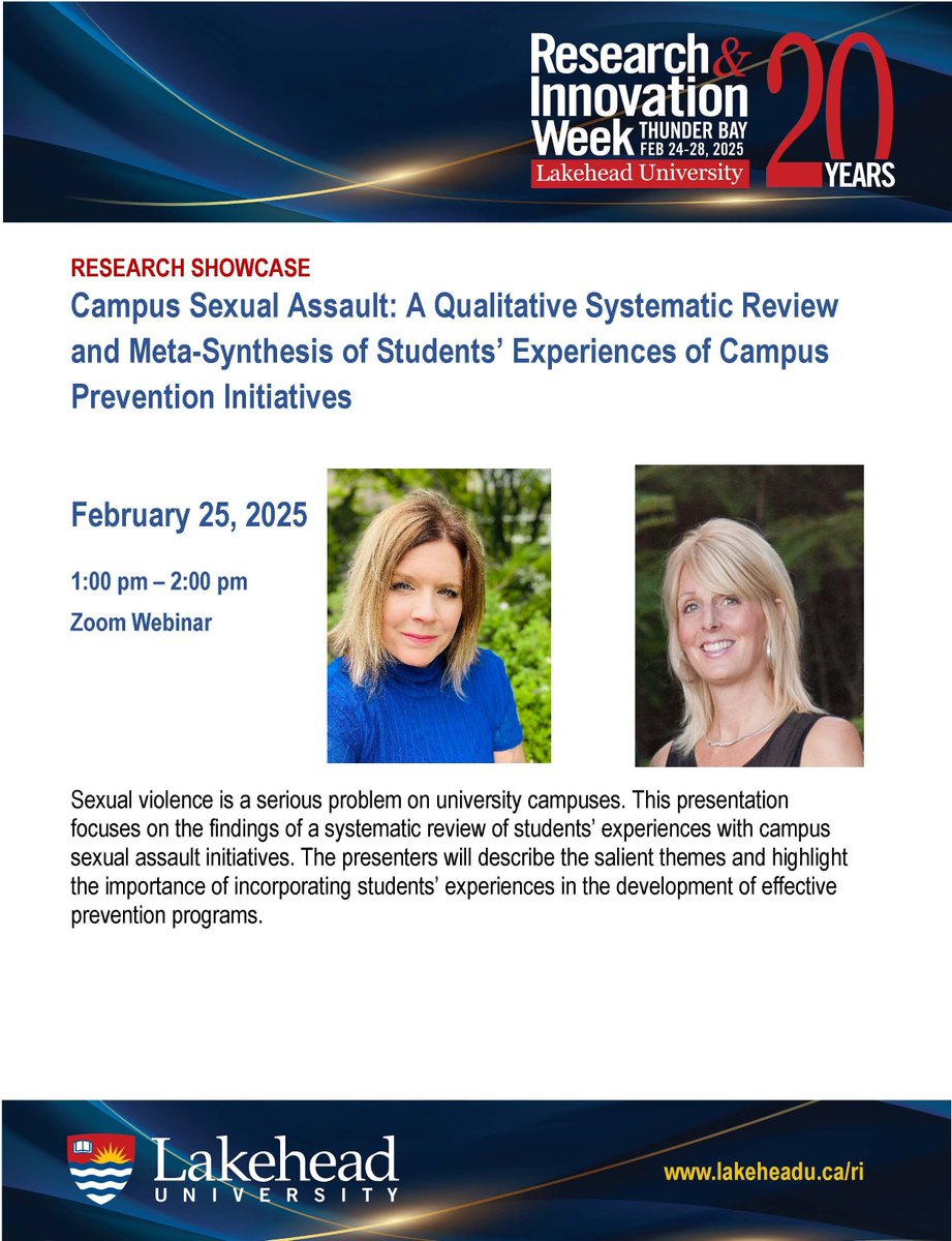 Join us for a virtual presentation on students' experiences with Campus Sexual Assault Prevention initiatives &amp; how they shape more effective programs.
📅 Feb 25 | 🕐 1:00 PM | 📍 Zoom
🔗 Register: buff.ly/4gJT3NQ 
#RIWeek2025 #CampusSafety <a href="/mylakehead/">Lakehead University</a>