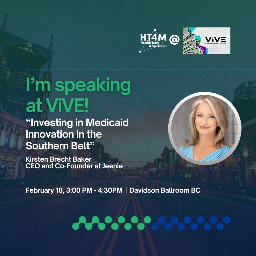 jeenie_app's tweet photo. Our CEO & Co-Founder (Kirsten Brecht Baker) is speaking today at ViVE!
Catch her as part of the "Medicaid Innovation in the Southern Belt" panel at 3pm.
Can't get enough of Kirsten? She's also presenting at 1pm on TechQuity.
#ViVEvent #TechQuity #MedicaidTech https://t.co/SfPwvXBWm1