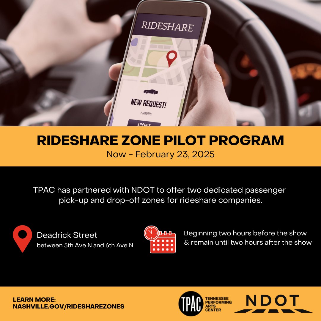 TPAC (@tpac) on Twitter photo Have you noticed new pick-up and drop-off zones when attending a show at TPAC?
We've partnered with <a href="/NashvilleDOT/">Nashville Department of Transportation</a> to provide two dedicated spaces for rideshare and taxi services during TPAC events.
Visit Nashville.gov/RideshareZones to learn more about the rideshare pilot program. Have you noticed new pick-up and drop-off zones when attending a show at TPAC?
We've partnered with <a href="/NashvilleDOT/">Nashville Department of Transportation</a> to provide two dedicated spaces for rideshare and taxi services during TPAC events.
Visit Nashville.gov/RideshareZones to learn more about the rideshare pilot program.
