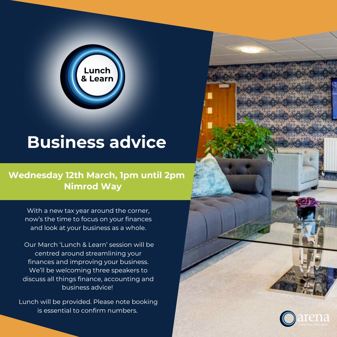 March’s ‘Lunch &amp; Learn’ session will be held at Nimrod Way in Ferndown on Wednesday 12th March at 1pm!

Our March ‘Lunch &amp; Learn’ session will be centred around streamlining your finances and improving your business. 

Book your space here: ow.ly/GRGj50UVJp7