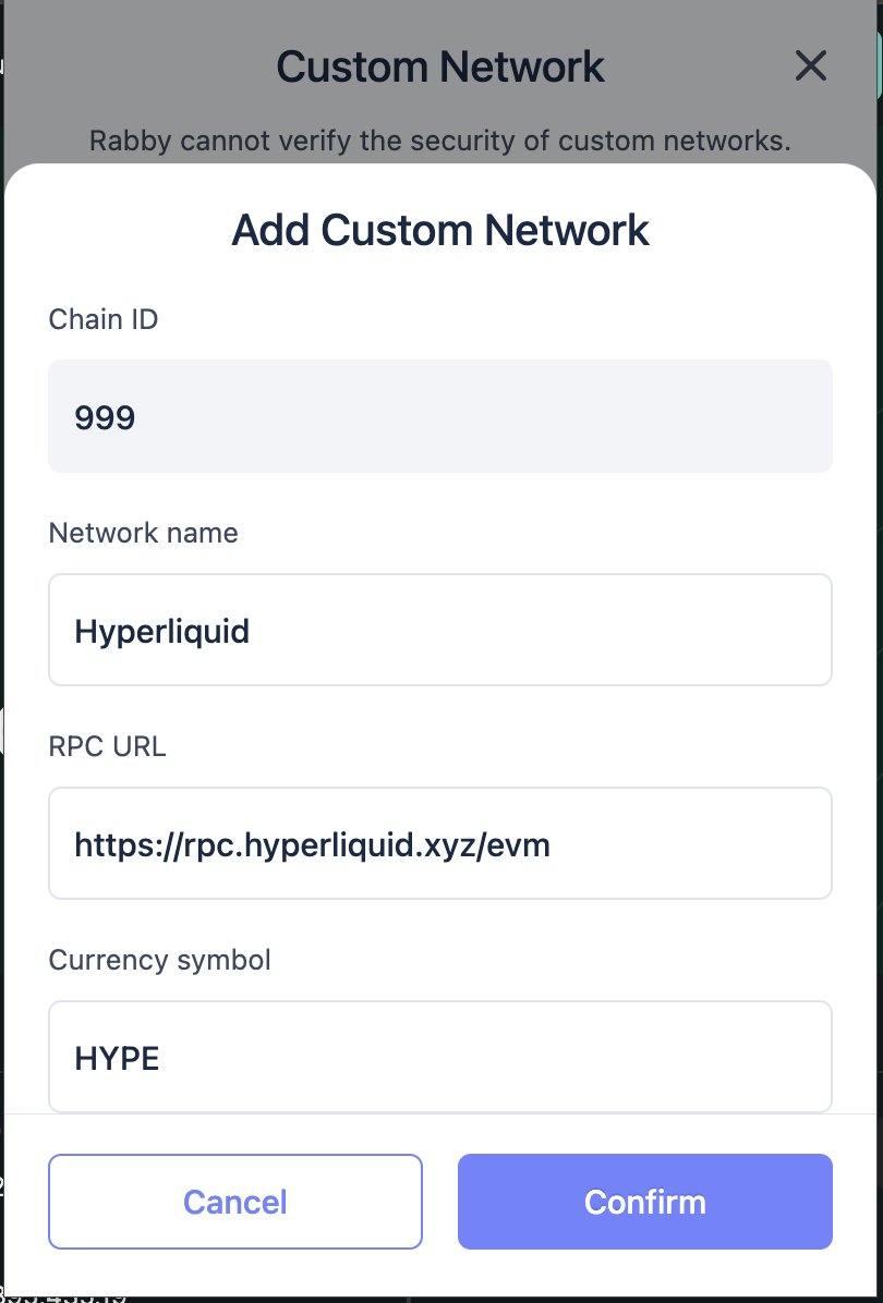 NEW 🚨 Bridging to HyperEVM Add HyperEVM to your EVM wallet (Rabby  recommended, Metamask may have issues). Use the following network details:  Chain ID: 999 Network Name: HyperEVM RPC URL: https://t.co/ECT5QEBdAL  Currency