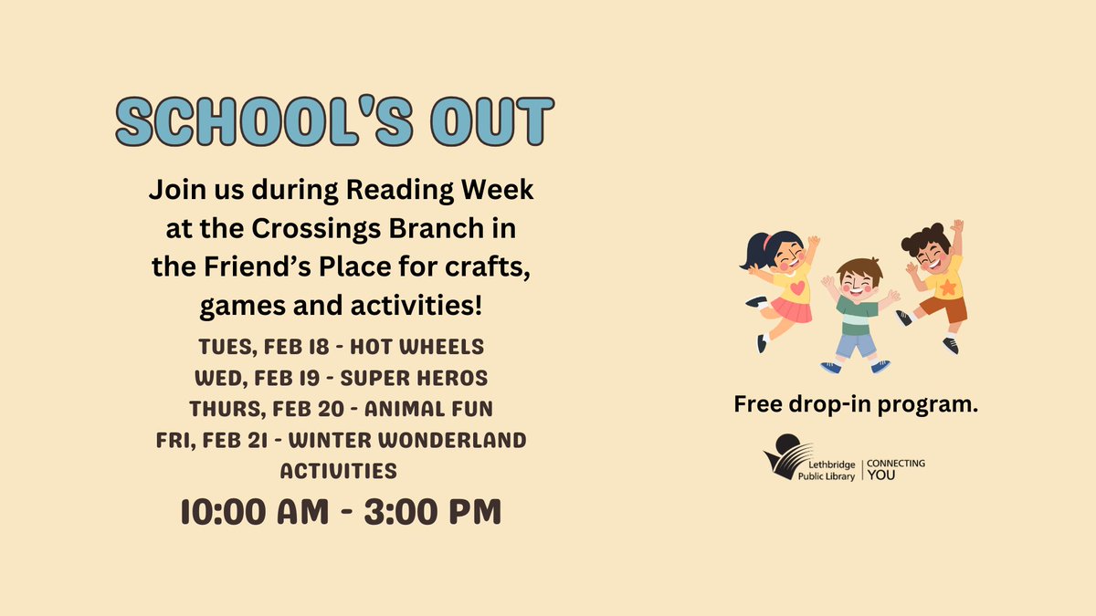 Join us during Reading Week at the Crossings Branch in the Friend's Place for crafts, games, and activities! The fun starts Tuesday Feb 18, 10am - 3pm.