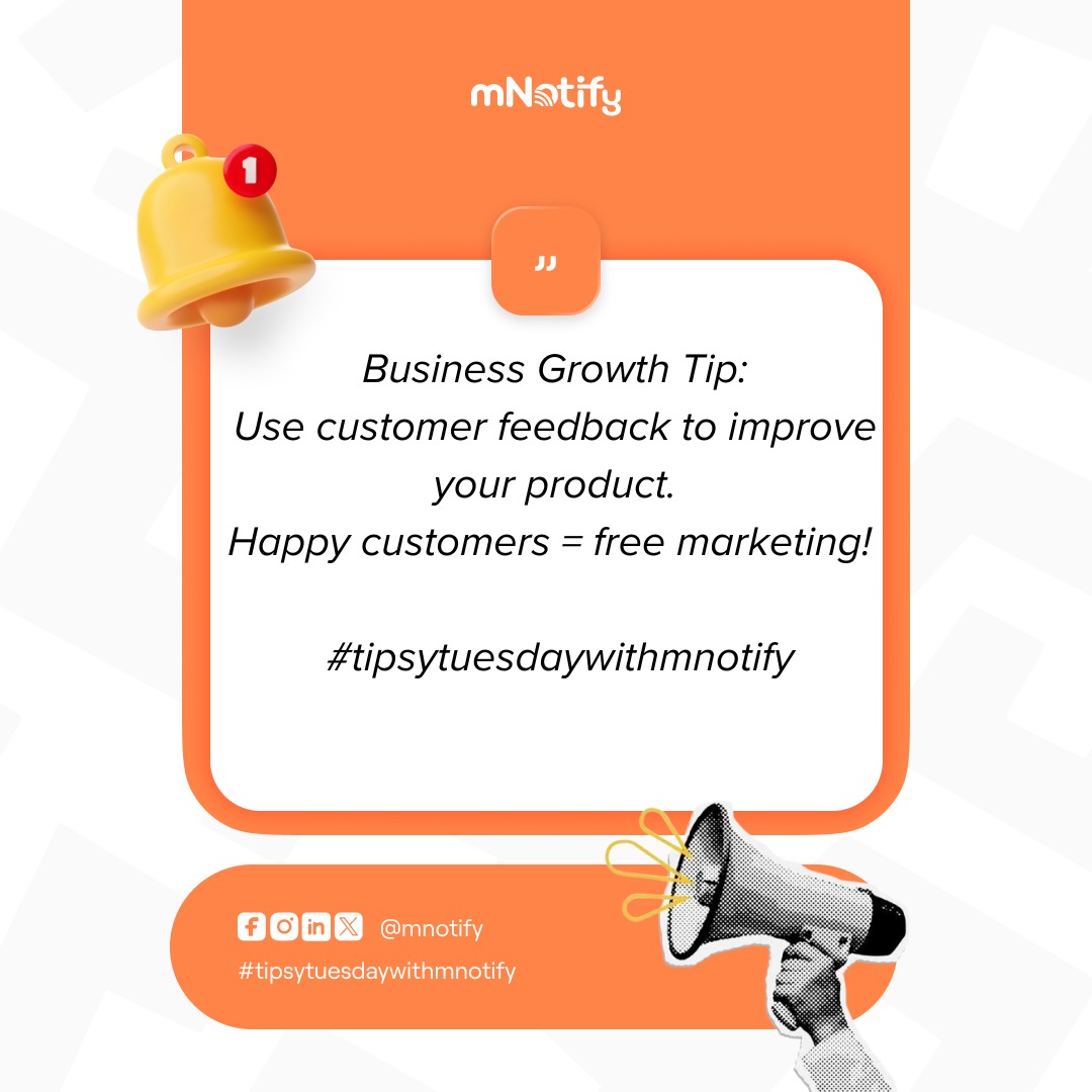 Want to grow your business? Start by listening to your customers! Their feedback helps you improve your products and services, and happy customers become your best marketers—absolutely free! 📢✨

#tipsytuesdaywithmnotify #CustomerFeedback #BusinessGrowth