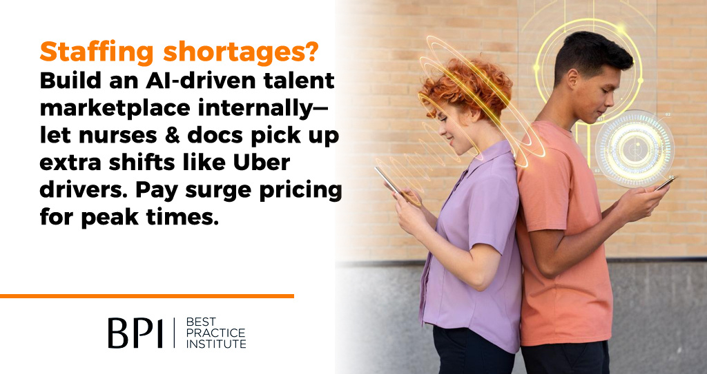 Staffing shortages? Build an AI-driven talent marketplace internally—let nurses &amp; docs pick up extra shifts like Uber drivers. Pay surge pricing for peak times. 
hubs.li/Q036LrqY0
