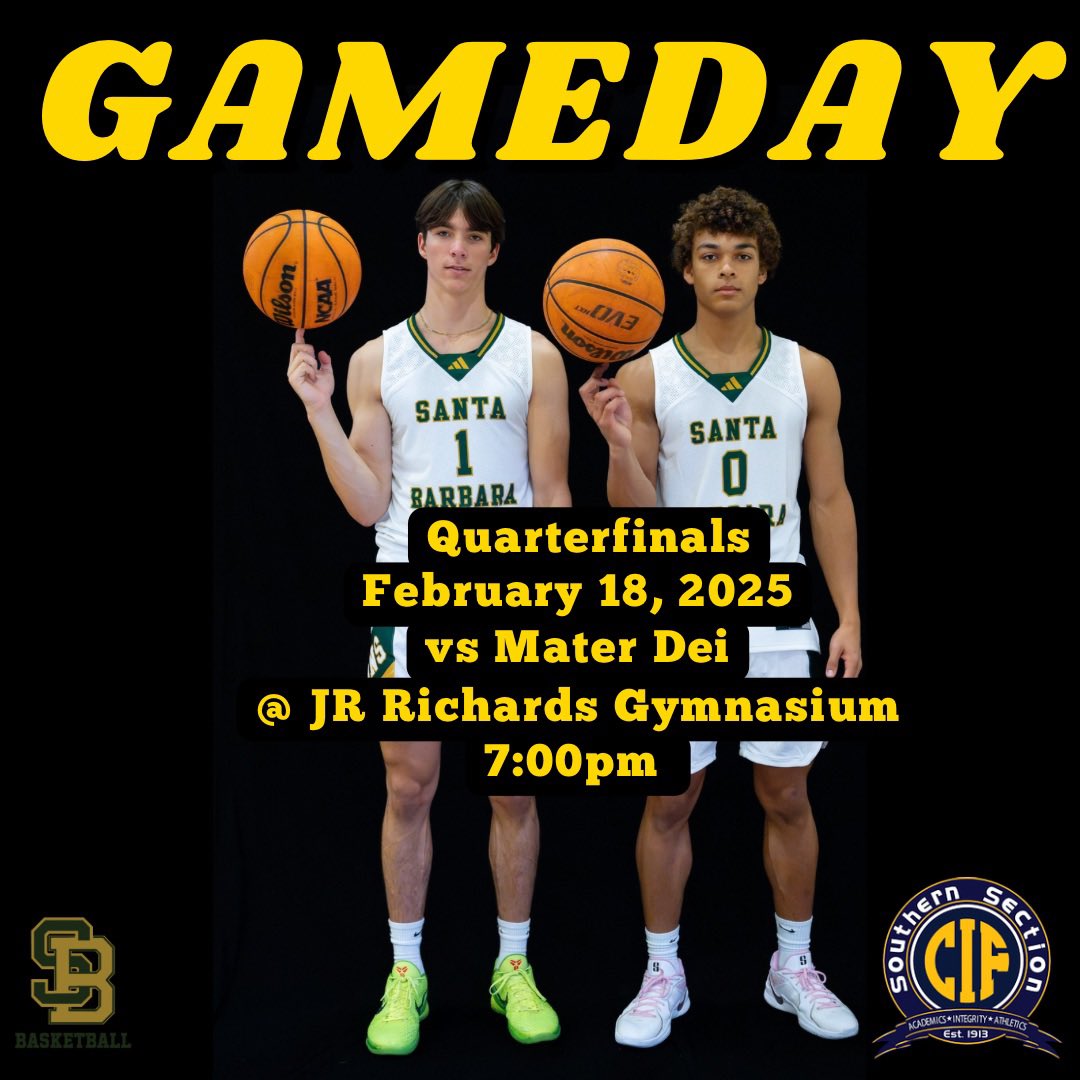 🏀 The Dons are back on their home court tonight at 7 PM, ready to clash with Mater Dei in the CIF Southern Section Division 1 quarterfinals! With a sold-out crowd, let’s pack the stands and bring the energy! 🏆🔥

#WeAreSB  
#SBDonsHoops  
#SantaBarbara  
#SchoolOfChampions