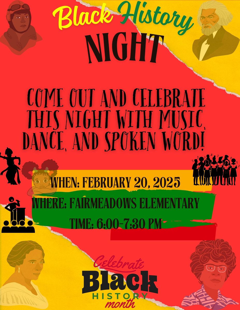 Join us for Black History Night! 🖤🎉
📅 Feb 20th
📍 Fairmeadows Elementary
⏰ 6P-7:30P
Celebrate Black history with student performances, speakers &amp; more.
We can't wait to see you there! #BlackHistoryMonth #FairmeadowsElementary