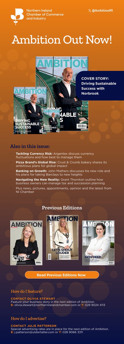 @NIChamber Ambition magazine (@ambitionni) on Twitter photo 📰In our most recent edition of Ambition Magazine we hear from <a href="/Norbrook/">NORBROOK®</a> CEO who discusses his vision for the pharmaceuticals firm.
With features from Argentex, Crust and Crumb bakery, <a href="/BarclaysUK/">Barclays UK</a>, <a href="/GrantThorntonNI/">Grant Thornton NI</a> and many more. 📰In our most recent edition of Ambition Magazine we hear from <a href="/Norbrook/">NORBROOK®</a> CEO who discusses his vision for the pharmaceuticals firm.
With features from Argentex, Crust and Crumb bakery, <a href="/BarclaysUK/">Barclays UK</a>, <a href="/GrantThorntonNI/">Grant Thornton NI</a> and many more.
