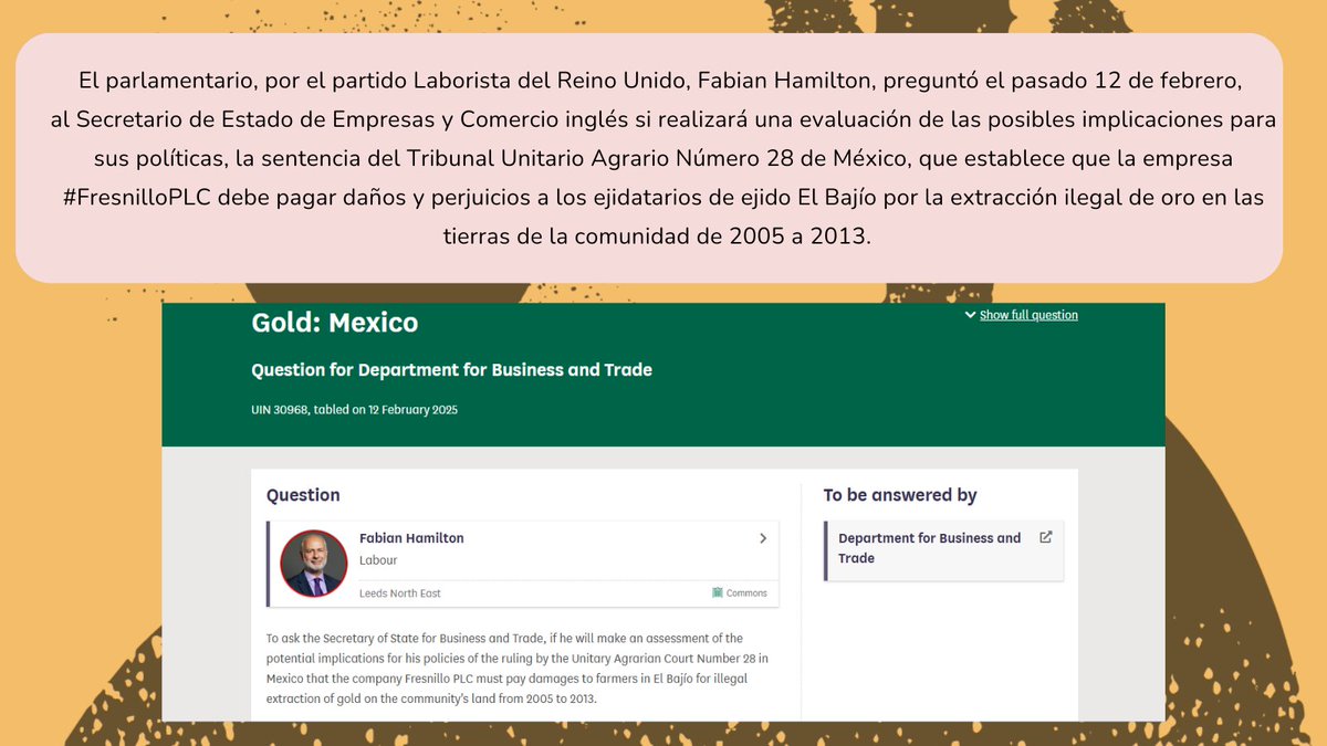 Ejido El Bajío (@ejido_elbajio) on Twitter photo Les compartimos la pregunta que realizó el parlamentario inglés <a href="/FabianLeedsNE/">Fabian Hamilton MP</a> al Secretario de Estado de Empresas y Comercio de ése país, sobre nuestro caso. Toda acción suma a nuestra lucha por concretar el acceso a la justicia.
#LaMinaEsMuerte
questions-statements.parliament.uk/written-questi… Les compartimos la pregunta que realizó el parlamentario inglés <a href="/FabianLeedsNE/">Fabian Hamilton MP</a> al Secretario de Estado de Empresas y Comercio de ése país, sobre nuestro caso. Toda acción suma a nuestra lucha por concretar el acceso a la justicia.
#LaMinaEsMuerte
questions-statements.parliament.uk/written-questi…