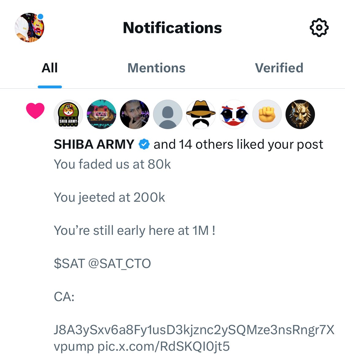 Major love from <a href="/shibaarmycall/">SHIBA ARMY</a> 

$SAT is here to stay ! <a href="/SAT_CTO/">SAT-CTO</a> 🔥🚀

CA:

9eSskS2K49sucHb5StiHtyiKccxWzS9Siz5yFtpQKkCb