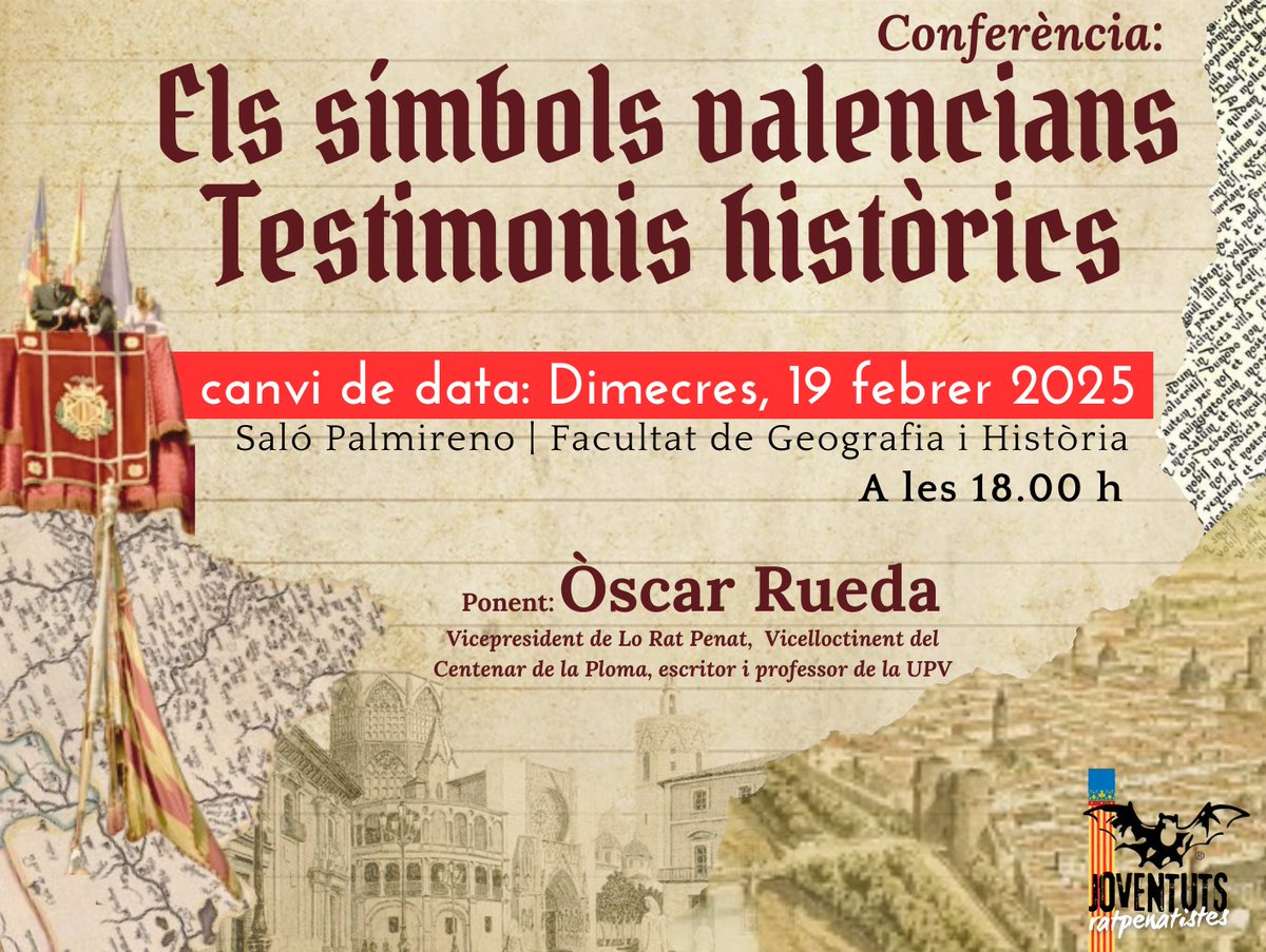 🔵🔴🟡Demà les Joventuts Ratpenatistes organisen una interessant conferència en l'Universitat de Valéncia, que no et pots perdre.

➡️ "Els símbols valencians. Testimonis històrics".
🗣️ Òscar Rueda Pitarque ( <a href="/_OscarRueda_/">Òscar Rueda</a>)
📍 Facultat Geografia i Història (Saló Palmireno).
📅