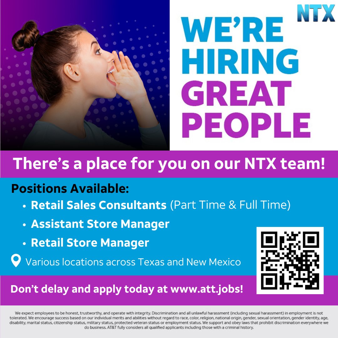 📣We are hiring in NTX! We have great opportunities such as Bilingual Retail Sales Consultant in Lewisville, TX!

For AT&amp;T employees, help someone in your network land a job in the market to earn an employee referral bonus of up to $1,000! 

✨Spread the great news!