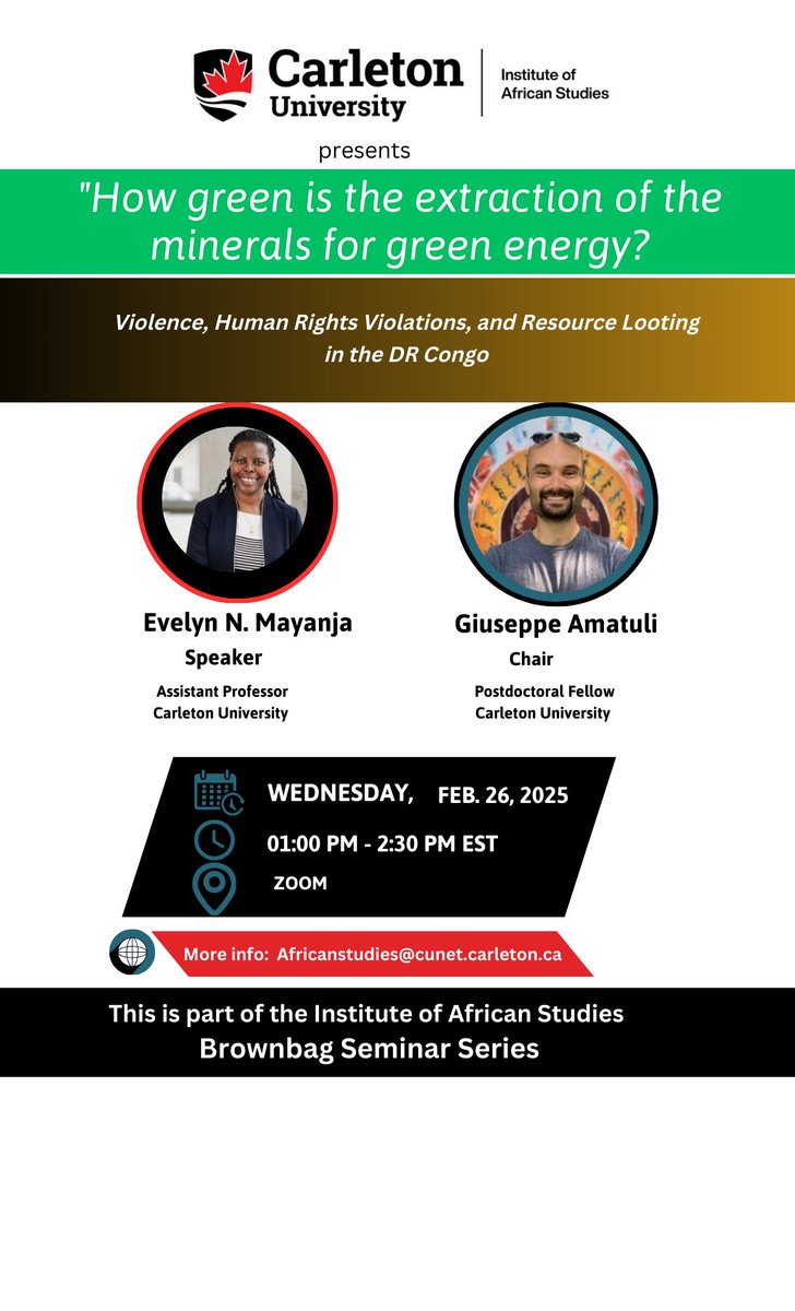 IAS Carleton U (@ias_carleton) on Twitter photo Join us for a Zoom seminar: How Green is the Extraction of Minerals for Green Energy? ๐โก
๐ข Speakers: <a href="/EvelyneMayanja/">mayanja evelyne</a> & Giuseppe Amatuli
๐
Wednesday, Feb 26 | 1:00 PM EST
๐ Register here: carleton-ca.zoom.us/meeting/registโฆ
Discussion on violence, human rights violations & resource Join us for a Zoom seminar: How Green is the Extraction of Minerals for Green Energy? ๐โก
๐ข Speakers: <a href="/EvelyneMayanja/">mayanja evelyne</a> & Giuseppe Amatuli
๐
Wednesday, Feb 26 | 1:00 PM EST
๐ Register here: carleton-ca.zoom.us/meeting/registโฆ
Discussion on violence, human rights violations & resource