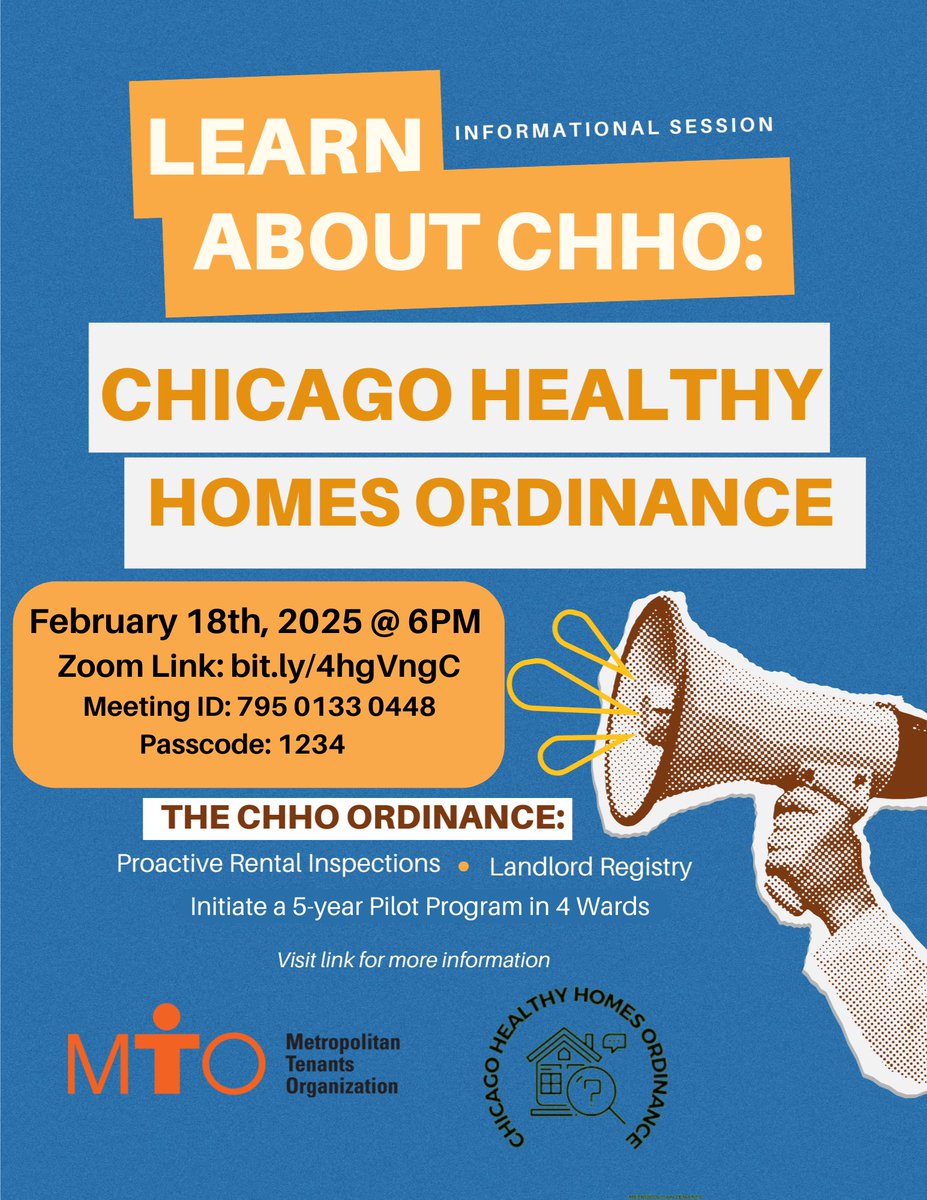 HAPPENING TODAY! 
Learn about the Chicago Healthy Homes Ordinance and how this ordinance can provide for a better future for all Chicago tenants! 

⏰ Tuesday Feb 18 at 6pm!
📍Zoom: bit.ly/4hgVngC