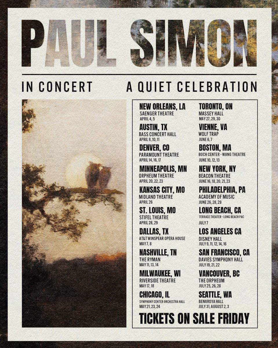 PaulSimonMusic's tweet image. Tickets for sale on Friday at paulsimon.com