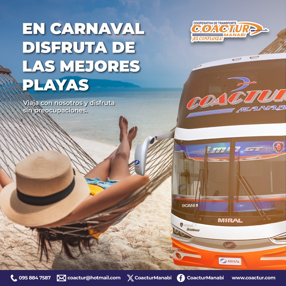 CoacturManabi's tweet photo. 🚌 Este carnaval viaja con Coactur 🛣️ y recorre las maravillosas playas 🏖️ de Manabí, mientras disfrutas de nuestras cómodas modernas y seguras unidades 🚍 equipadas con tecnología de punta 🛜🎶🔈 pásala bien este feriado junto a Coactur⛱️
#Coacturesconfianza https://t.co/RvS6Daxlhm