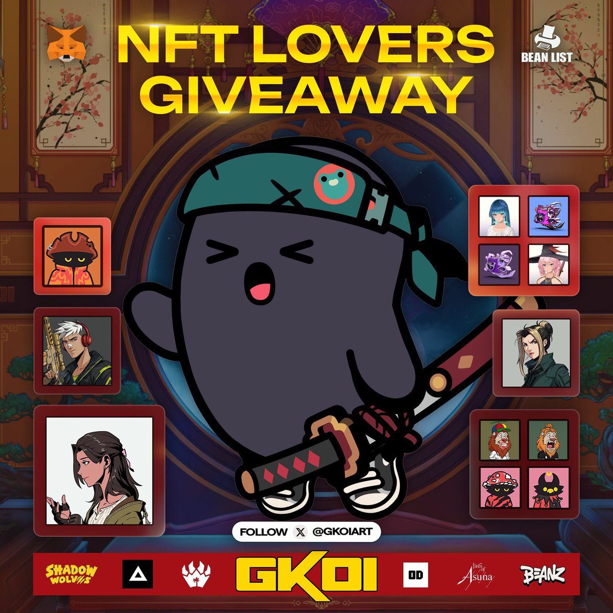Mycroft (@mycroftnft) on Twitter photo Hey everyone 🤍
🚨 NFT Lovers Giveaway! 🚨
GKOI is giving away 25 NFTs from top collections like Azuki, Lazy Lions, Valhalla, and more! 🔥🔥
Check it out on their X: <a href="/gkoiart/">The Art of KOI</a>
Don’t miss your chance to win these amazing prizes! Hey everyone 🤍
🚨 NFT Lovers Giveaway! 🚨
GKOI is giving away 25 NFTs from top collections like Azuki, Lazy Lions, Valhalla, and more! 🔥🔥
Check it out on their X: <a href="/gkoiart/">The Art of KOI</a>
Don’t miss your chance to win these amazing prizes!