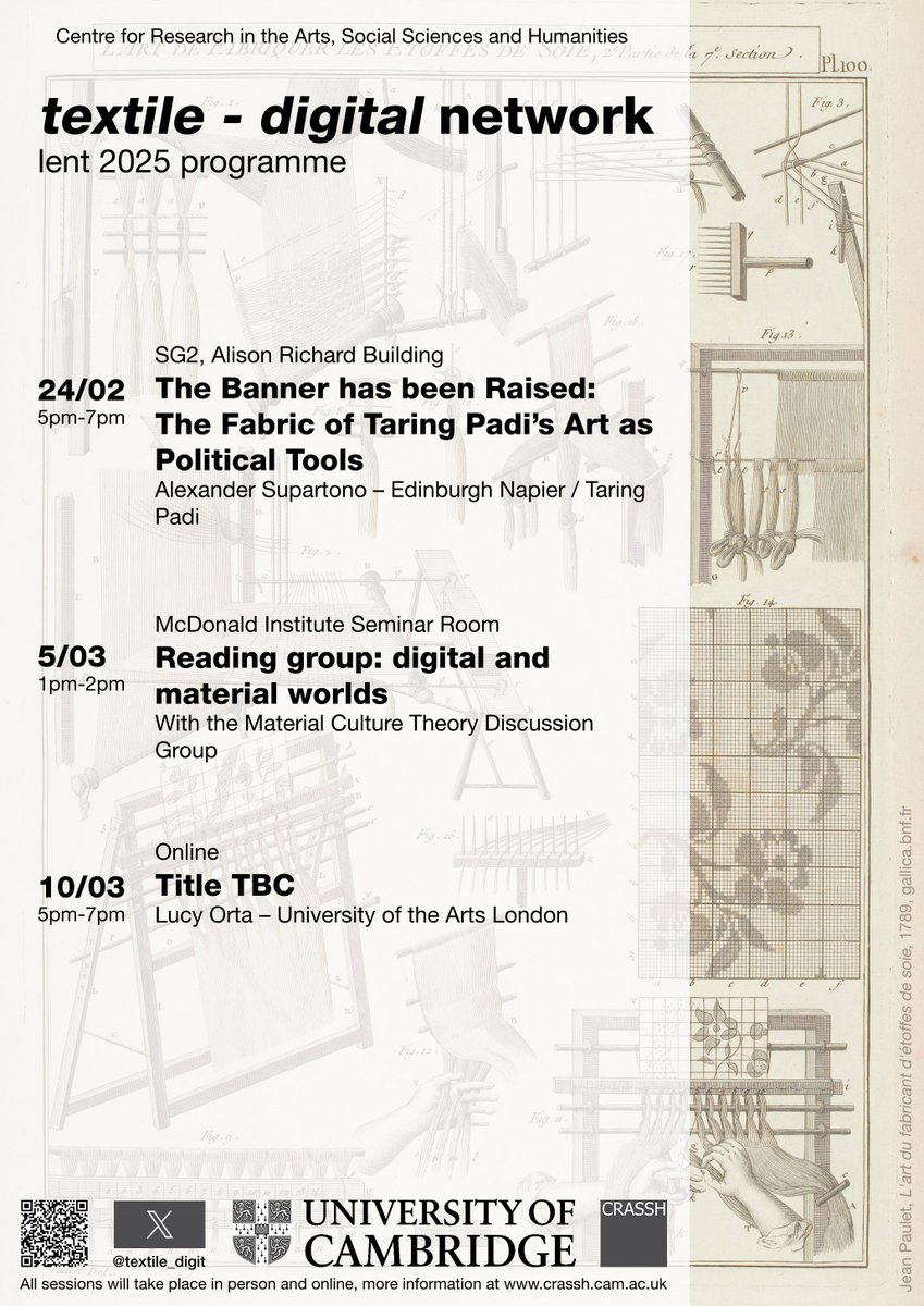 textile - digital (@textile_digit) on Twitter photo We're pleased to announce our new term card! The network is hosting three sessions this term: a reading group with the Material Culture Theory Discussion Group, and two talks with Alexander Supartono and Lucy Orta.
<a href="/CRASSHlive/">CRASSH, Cambridge</a> - crassh.cam.ac.uk/research/netwo… We're pleased to announce our new term card! The network is hosting three sessions this term: a reading group with the Material Culture Theory Discussion Group, and two talks with Alexander Supartono and Lucy Orta.
<a href="/CRASSHlive/">CRASSH, Cambridge</a> - crassh.cam.ac.uk/research/netwo…