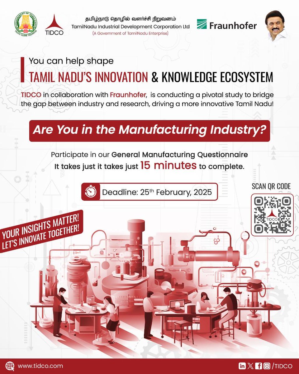 TIDCO, in collaboration with Fraunhofer, is studying the innovation and knowledge ecosystem in Tamil Nadu. This research aims to bridge the gap between industry and research, fostering a stronger, more innovative Tamil Nadu.

#BuildTN #VentureCatalyst #TIDCO #Survey #Innovation