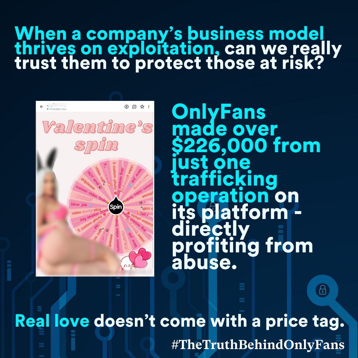 CEASEorgUK's tweet photo. 💔 Beyond Valentine’s Day: The Reality of Exploitation 💔
OnlyFans made $226K from one trafficking operation - directly profiting from abuse. When profit comes from exploitation, can we trust them to protect those at risk?
🔗 https://t.co/9tHiF40qUZ
#TheTruthBehindOnlyFans https://t.co/rRkzCWfioH
