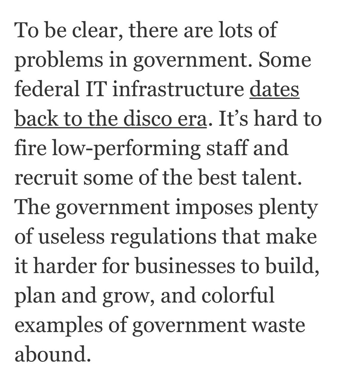 So many DOGE-bashing columns by *serious* journalists (Catherine Rampell here) concede Musk’s and the GOP’s premises: the fed gov’t is janky &amp; wasteful, too many workers are bad at their jobs, and regulations oppress businesses. With critics like these, you don’t need supporters.