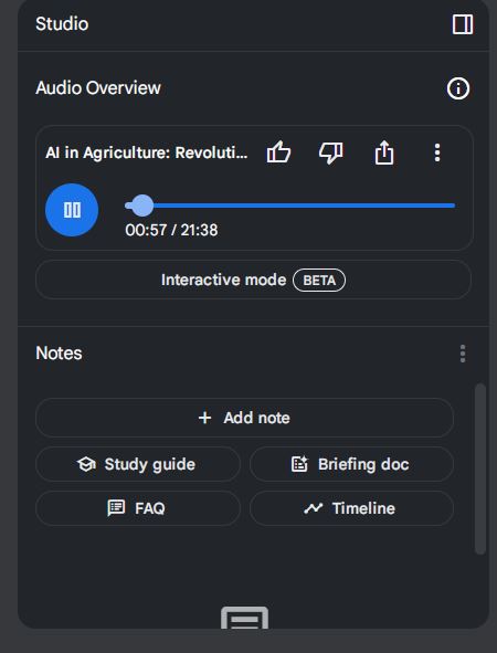 Day 6 task complete! 🚀 Built a Personalized AI Research Assistant with NotebookLM, specialized in AI’s impact on agriculture. It can even create podcasts! 🎙️🌱 Excited to see where this goes! #ALX #AIStarterKit #Day6 #AIAgriculture
