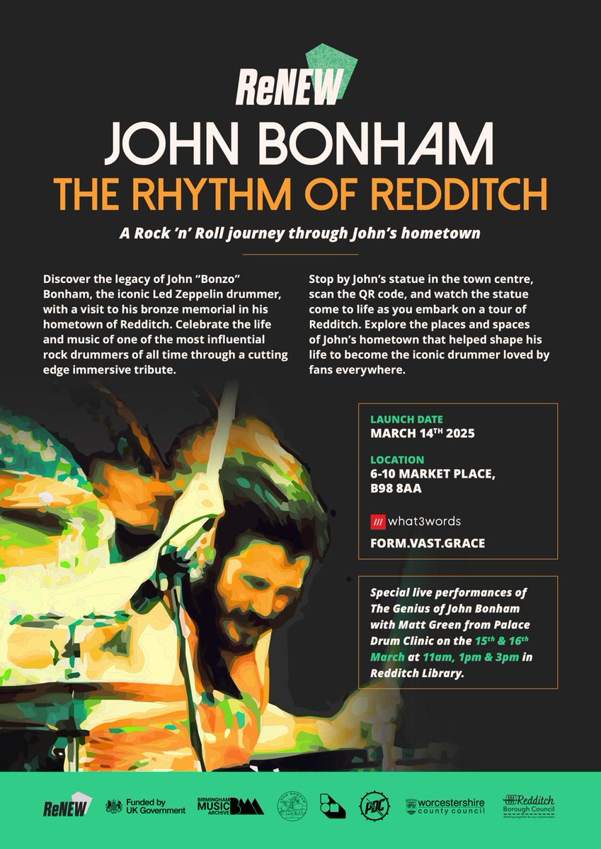 Coming soon to Redditch! See, hear &amp; feel the power of one the greatest rock drummers of all time in a new immersive experience at John Bonham’s Memorial Statue in Redditch town centre. 

John Bonham: The Rhythm of Redditch launches March 202
 #ledzeppelin #LedZeppelin  #Bonzo
