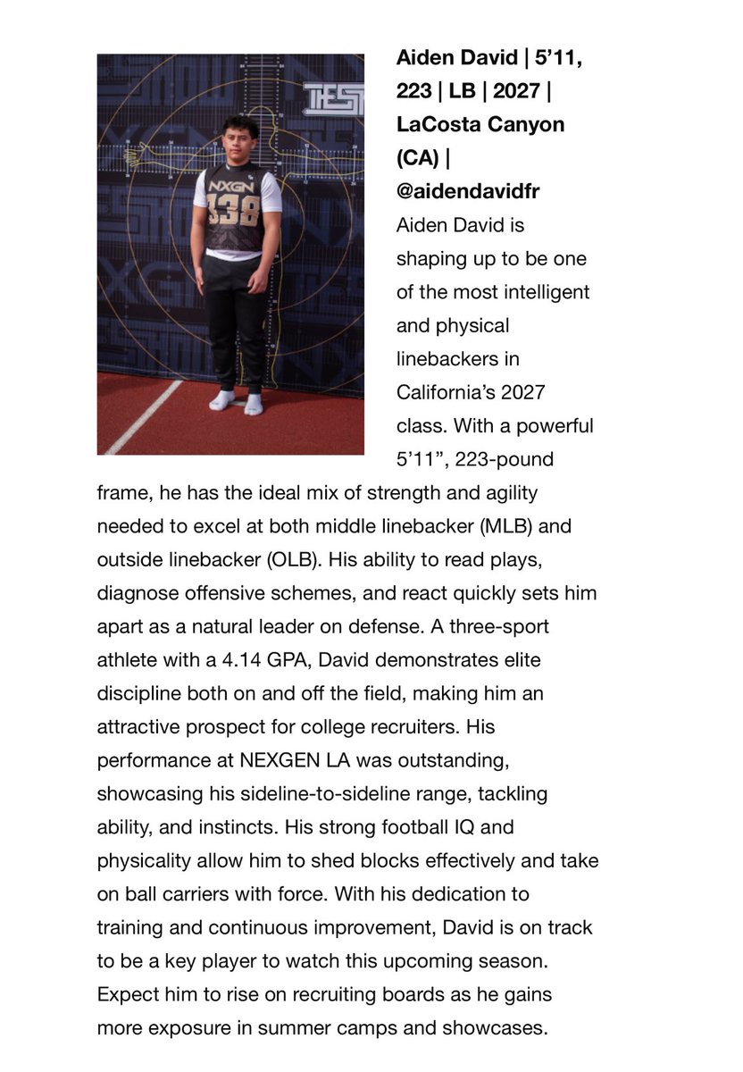 Grateful for the selection &amp; writeup! 

Grinding hard this offseason. Junior year can’t come soon enough 🤘🏼

<a href="/LCCMavs/">La Costa Canyon HS</a> <a href="/SSovacool55/">Sean Sovacool</a> <a href="/NxgnCamps/">NXGN Camps, Inc</a> <a href="/sixstarfootball/">Six Star Football | PLUS+</a> <a href="/Daygofootball/">San Diego Football</a> <a href="/LinebackerZoo/">THE ZOO</a> <a href="/KUSIPPR/">Prep Pigskin Report</a> <a href="/247recruiting/">247Sports Recruiting</a> <a href="/Rivals/">Rivals</a>