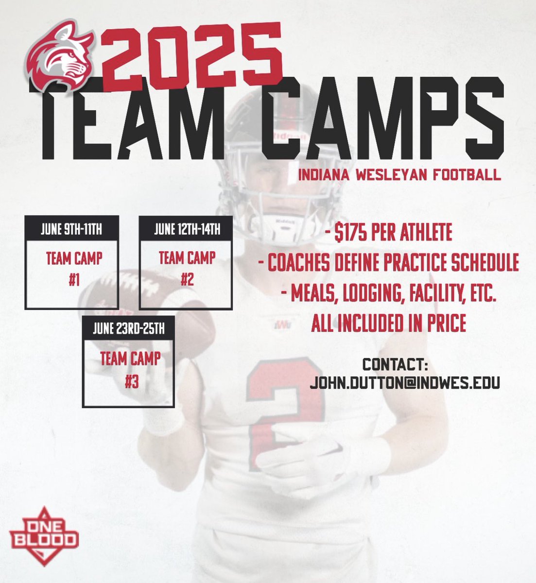 John Dutton (@coachjdutton) on Twitter photo We still have some openings for the IWU Team Camps this summer. IWU Team Camps are a great way to build a stronger team on and off the field. You will have access to IWU's beautiful campus and football facility.
Contact me at john.dutton@indwes.edu for more information. We still have some openings for the IWU Team Camps this summer. IWU Team Camps are a great way to build a stronger team on and off the field. You will have access to IWU's beautiful campus and football facility.
Contact me at john.dutton@indwes.edu for more information.