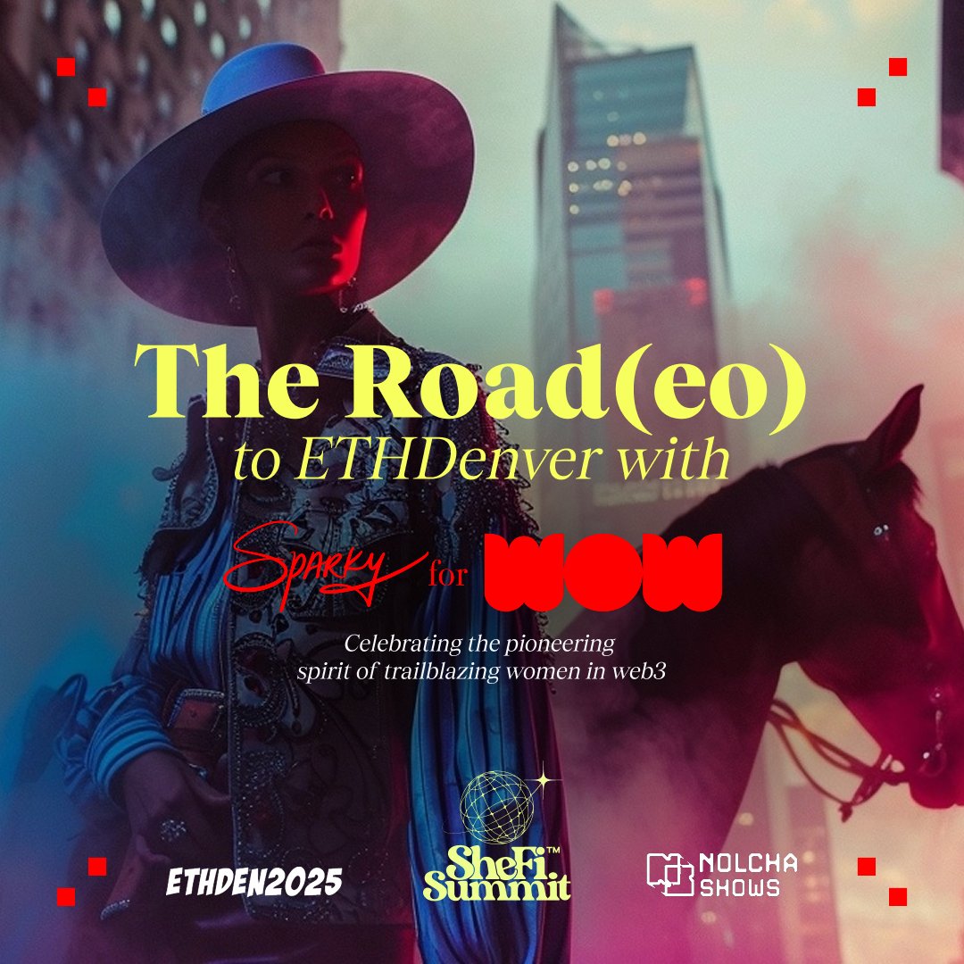 The road(eo) to <a href="/EthereumDenver/">ETHDenver 🏔🦬🦄</a> is kicking off

and we’re teaming up with <a href="/SaraSBaumann/">Sara "Sparky" Baumann ⚡️</a> to tell the story of women who refuse to wait for permission to build the future, featuring <a href="/jillrgunter/">jill | espresso ☕</a> <a href="/winnyeth/">previous handle of winny</a> <a href="/provenauthority/">evin</a> &amp; <a href="/fkpxls/">Tina He</a>

mint sara’s art for free (no gas) on feb 25 at