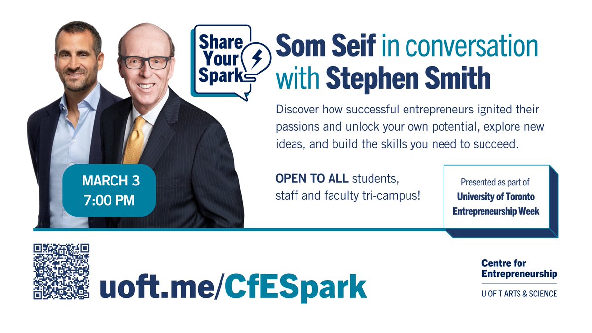 H2i_UofT's tweet image. Join Centre for Entrepreneurship for the official launch of their new "Share Your Spark" Speaker Series during U of T Entrepreneurship Week!
Learn more & register: entrepreneurship.artsci.utoronto.ca/shareyourspark
#UofTEntWeek