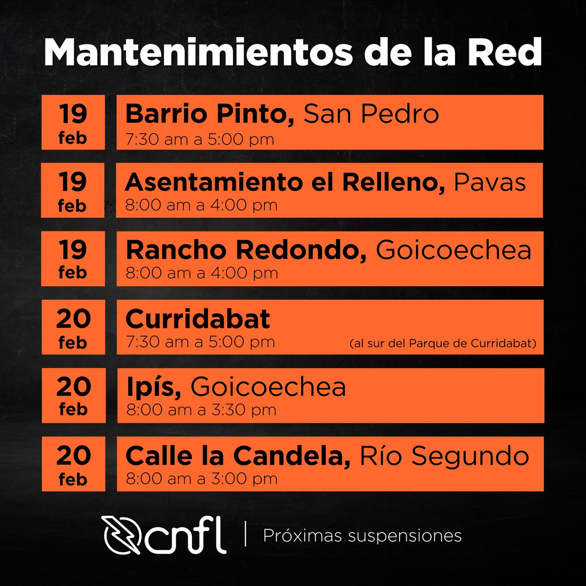 cnflcr's tweet photo. 🚧👷⚡⏰🚧 Estos son los próximos mantenimientos de la red. Consulte los detalles y más información en https://t.co/k5DcERTiRF https://t.co/z76VV9OnzC