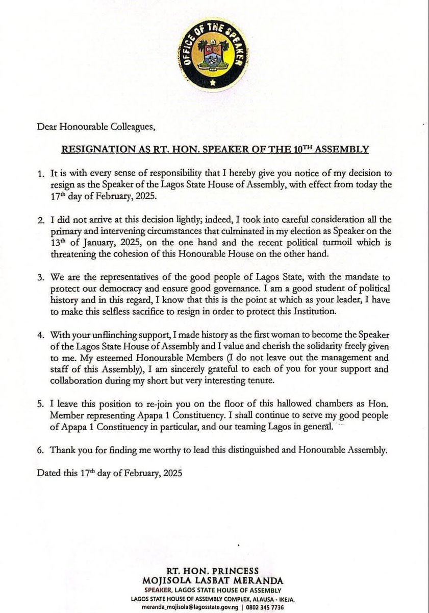 As  a country, we are in trouble. Clearly this letter is simply saying:  'The boss has instructed me to step aside." We are worst off if we think we are practicing a democracy.  #Obasa #lagosstatehouseofassembly #democracy