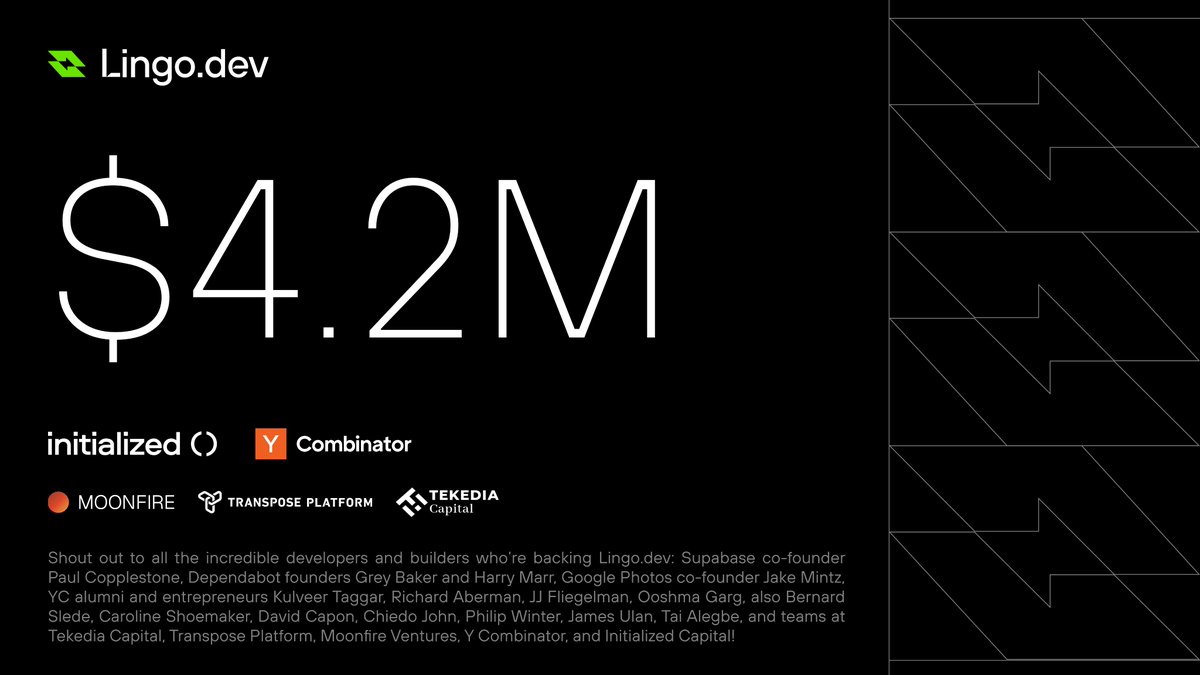 🤯 We've just raised $4.2M for <a href="/lingodotdev/">Lingo.dev</a> to scale our AI Localization Engine!

Grateful to our users who helped shape the product, and to <a href="/ycombinator/">Y Combinator</a>, @initialized, <a href="/supabase/">Supabase</a> &amp; <a href="/dependabot/">Dependabot</a> founders for believing in two hackers building AI translation dev tools!

¡Vamos! 🫡