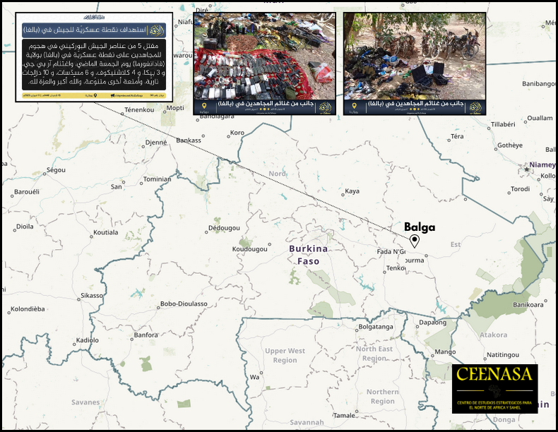 CEENASA396971's tweet photo. #BURKINA FASO 🇧🇫
On Mon, Feb 17, the #JNIM issued a statement taking responsibility for attacking Burkinabe militaries at #Balga, Fada N'Gourma State, this friday.
As a result, 5 human losses, 4 ARs, 3 MGs, 6 pistols, an RPG, 10 motorcycles and other items were seized. https://t.co/knyENd0kDA