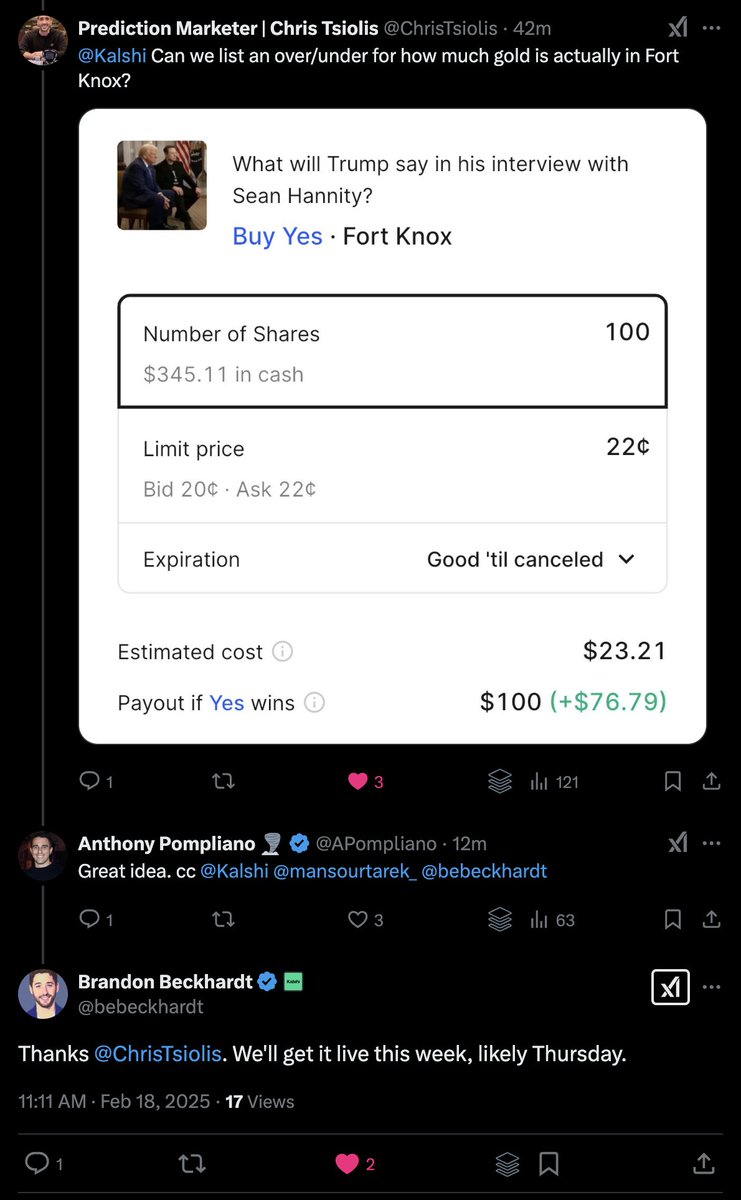 This is how startups win. 

<a href="/Kalshi/">Kalshi</a> had someone suggest a new prediction market for how much gold is in Fort Knox.

Within an hour the team confirmed they will launch the desired market this week. 

Content is changing. Prediction markets don't lie. And Kalshi is operating at