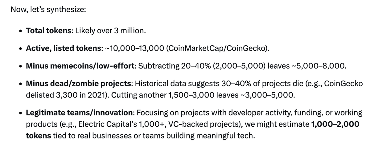 Jesseeckel's tweet photo. "Too many tokens for altseason"

According to Grok 3 the actual number of altcoins minus memes, dead projects, etc is only:

1,000 to 2,000.

Less than 2021 and about the same as 2017. https://t.co/PKXZXUH8hR