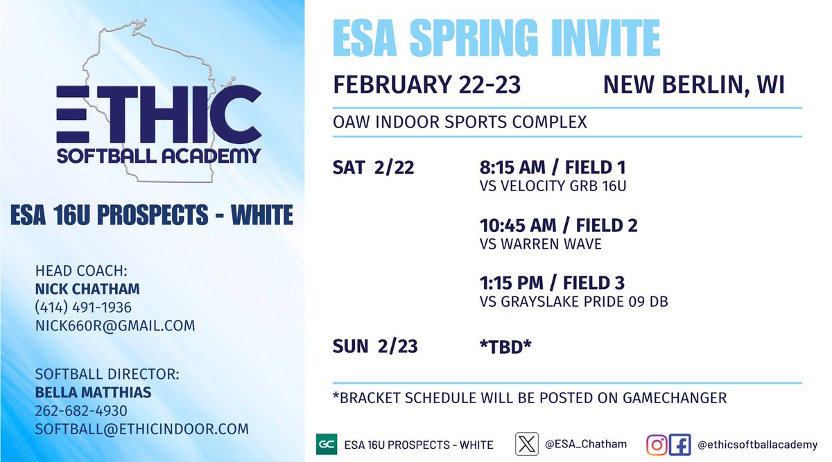 ESA 16U Prospects - White (@esa_chatham) on Twitter photo Game Schedule for this weekend's tournament in 📍New Berlin, WI!!
<a href="/Arowicki99/">Alejandra Rowicki</a> <a href="/chatjord12_8/">Jordan Chatham</a> <a href="/JaedaZackery/">Jaeda.zackery</a> <a href="/JaycieAnderson_/">Jaycie</a> Game Schedule for this weekend's tournament in 📍New Berlin, WI!!
<a href="/Arowicki99/">Alejandra Rowicki</a> <a href="/chatjord12_8/">Jordan Chatham</a> <a href="/JaedaZackery/">Jaeda.zackery</a> <a href="/JaycieAnderson_/">Jaycie</a>