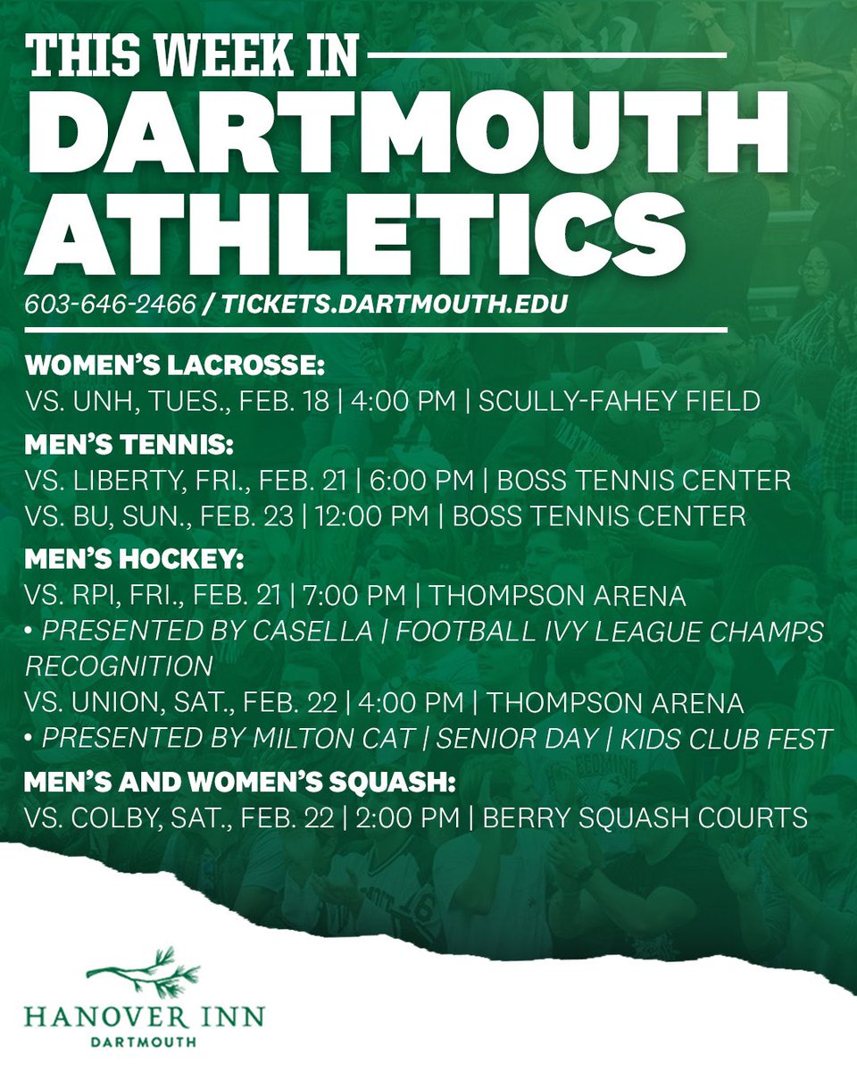 Dartmouth Athletics (@dartmouthsports) on Twitter photo Busy week of home events begins today with <a href="/DartmouthWLax/">Dartmouth W Lacrosse</a>!
Learn More ➡️ dartsports.co/4hH7ZOd
Tickets ➡️ dartsports.co/4eEdcEp
#GoBigGreen | #TheWoods🌲 Busy week of home events begins today with <a href="/DartmouthWLax/">Dartmouth W Lacrosse</a>!
Learn More ➡️ dartsports.co/4hH7ZOd
Tickets ➡️ dartsports.co/4eEdcEp
#GoBigGreen | #TheWoods🌲