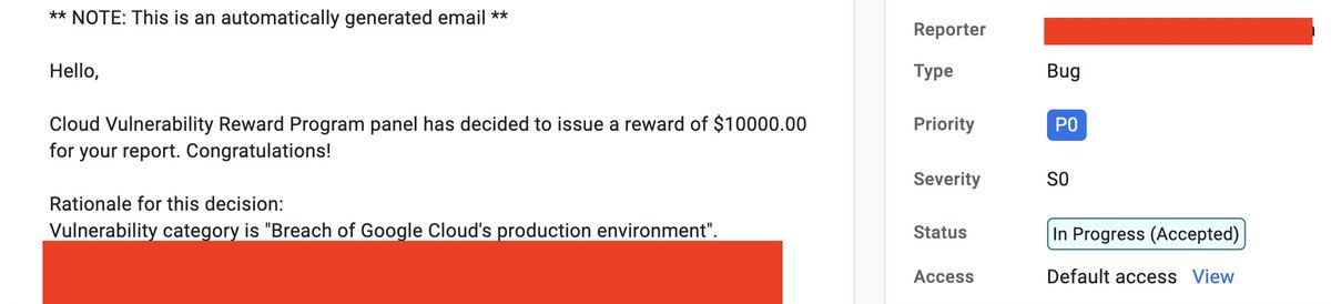 Moblig (@moblig_) on Twitter photo I was awarded a $10,000 bounty by the <a href="/GoogleVRP/">Google VRP (Google Bug Hunters)</a> Cloud Program!👌
I've recently shifted my focus to server-side and broken access control vulnerabilities, and I have to say it has paid off.
It was a S0-P0, but the impact was limited, which is why they downgraded the bounty. I was awarded a $10,000 bounty by the <a href="/GoogleVRP/">Google VRP (Google Bug Hunters)</a> Cloud Program!👌
I've recently shifted my focus to server-side and broken access control vulnerabilities, and I have to say it has paid off.
It was a S0-P0, but the impact was limited, which is why they downgraded the bounty.