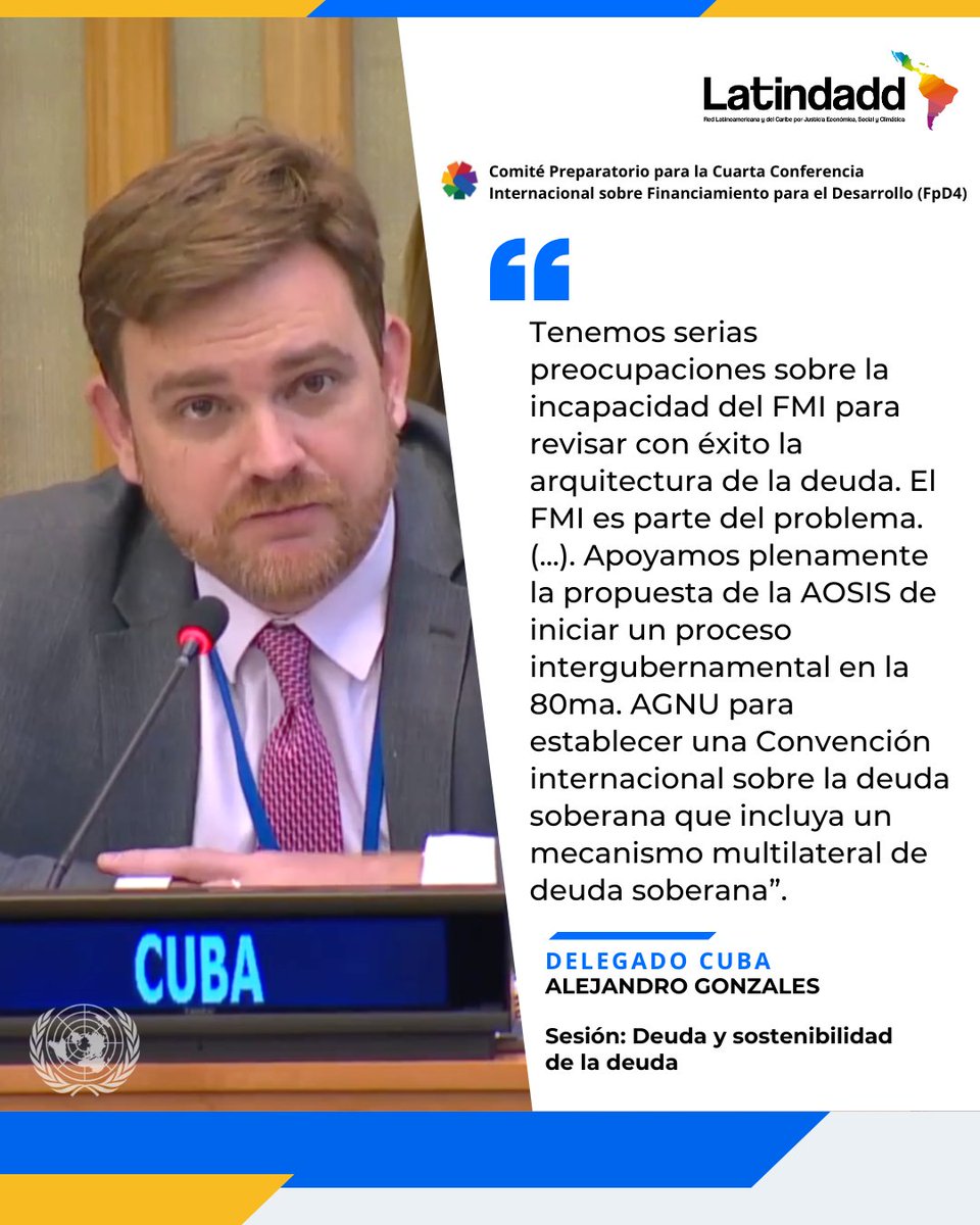 latindadd's tweet photo. 🌎 En la 3ra reunión preparatoria de #FpD4, Brasil, Colombia, Cuba, Honduras y Filipinas, como voceros de países de ingreso medio, impulsaron el debate sobre deuda soberana. Desde Latindadd respaldamos su llamado a más transparencia, alivio de #deuda y al establecimiento de una Convención sobre la Deuda Soberana en el seno de #NacionesUnidas.
#FfD4