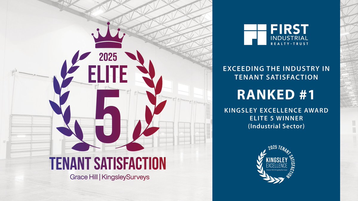 Proud to be named a Kingsley Excellence Award Elite 5 winner at the 2025 Kingsley Excellence Awards by <a href="/GraceHill/">Grace Hill, Inc.</a>, ranking #1 in the industrial category! Thank you to our amazing team for delivering top-tier #CustomerService and to our tenants for their valuable feedback. 🏆