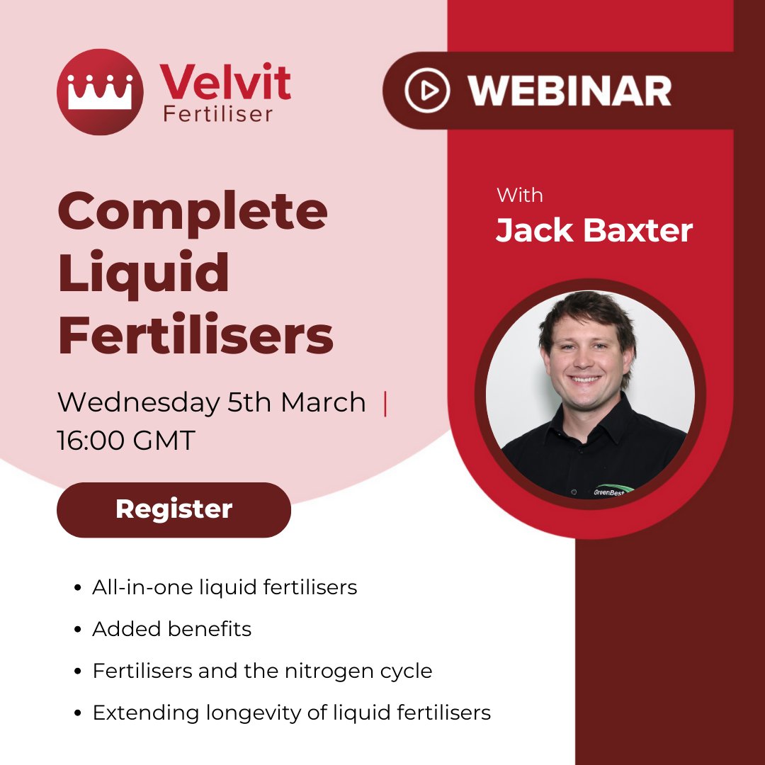 GreenBestLtd's tweet photo. 📢Join us for a free webinar on Velvit Liquid Fertilisers!

Jack Baxter will be covering:
✅Complete Liquid Fertilisers: Total Event, First & Last, Trace-E, Snappy Green
✅Essential & NMAXX Ranges: High-quality NPK liquids & slow-release nitrogen

📅Wednesday 5th March
⏰16:00 GMT
📍Register now: https://t.co/A0BOSEZ6Kf

Suitable for anyone managing sports or amenity turf and @BASISRegLtd CPD points available for attendees.

#TurfManagement #Fertiliser #Webinar