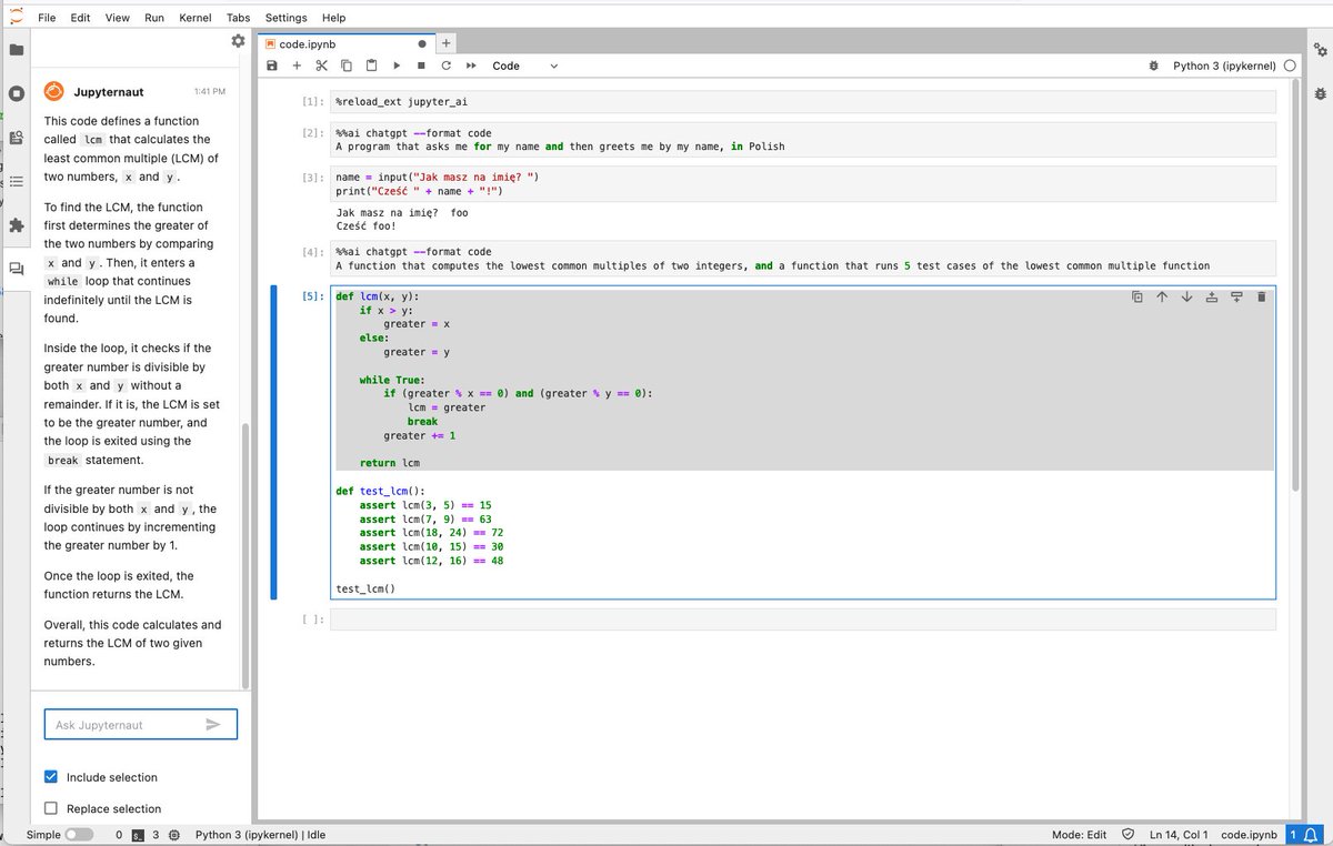 mdancho84's tweet photo. Python's Jupyter Notebooks just got an AI enhancement. 

Let me introduce you to Jupyter AI. 

Your AI assistant for Jupyter users. Let's dive in. https://t.co/zAZBgwovaW