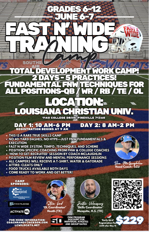 FASTNWIDE (@fastnwide) on Twitter photo FNW Training Camp at <a href="/LCU_ftball/">LCU Football</a>!
Not a combine camp—it’s 2 days of WORK for ALL pos. We’ll teach FNW basics, but this camp is open to everyone ready to get better.
Best part? FNW coaches will be leading the way!
<a href="/CoachBenMc19/">Ben McLaughlin</a>
<a href="/velasquezcoach/">Justin Velasquez</a>
<a href="/Ford_Coach/">Steve Ford</a>
<a href="/CoachJacksonTPW/">Randy Jackson</a> FNW Training Camp at <a href="/LCU_ftball/">LCU Football</a>!
Not a combine camp—it’s 2 days of WORK for ALL pos. We’ll teach FNW basics, but this camp is open to everyone ready to get better.
Best part? FNW coaches will be leading the way!
<a href="/CoachBenMc19/">Ben McLaughlin</a>
<a href="/velasquezcoach/">Justin Velasquez</a>
<a href="/Ford_Coach/">Steve Ford</a>
<a href="/CoachJacksonTPW/">Randy Jackson</a>