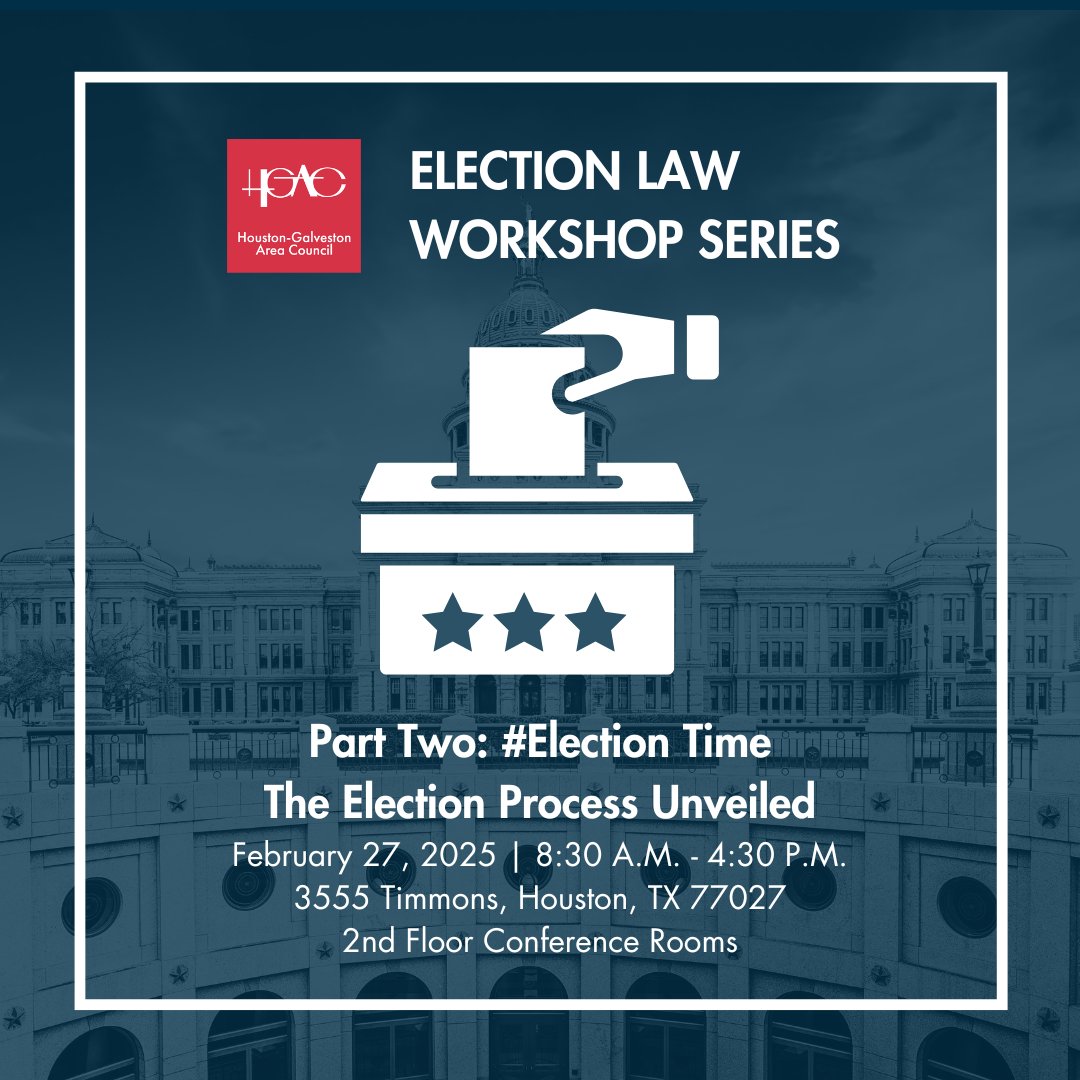 HouGalvAreaCog's tweet image. 🗳️ Ready to dive deeper into election laws? Part Two of H-GAC’s Election Law Workshop Series is here: #ElectionTime – The Election Process Unveiled!

📅 When: 8:30 a.m.–4:30 p.m. | Thursday, Feb. 27, 2025
📍 Where: 3555 Timmons Lane, 2nd Floor Conference Rooms, Houston, TX 77027
